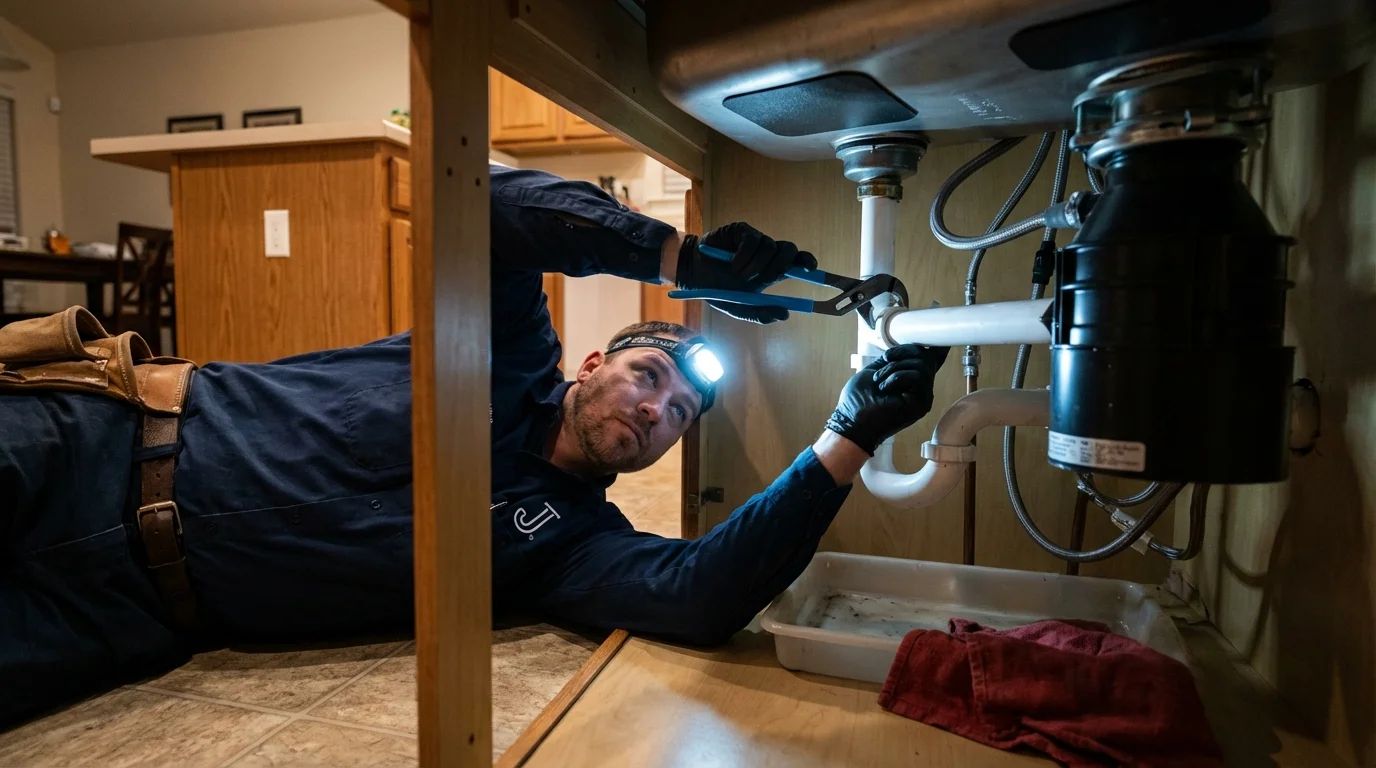 P-trap and supply line connections under a kitchen sink showing a common leak point in Rustburg, VA
